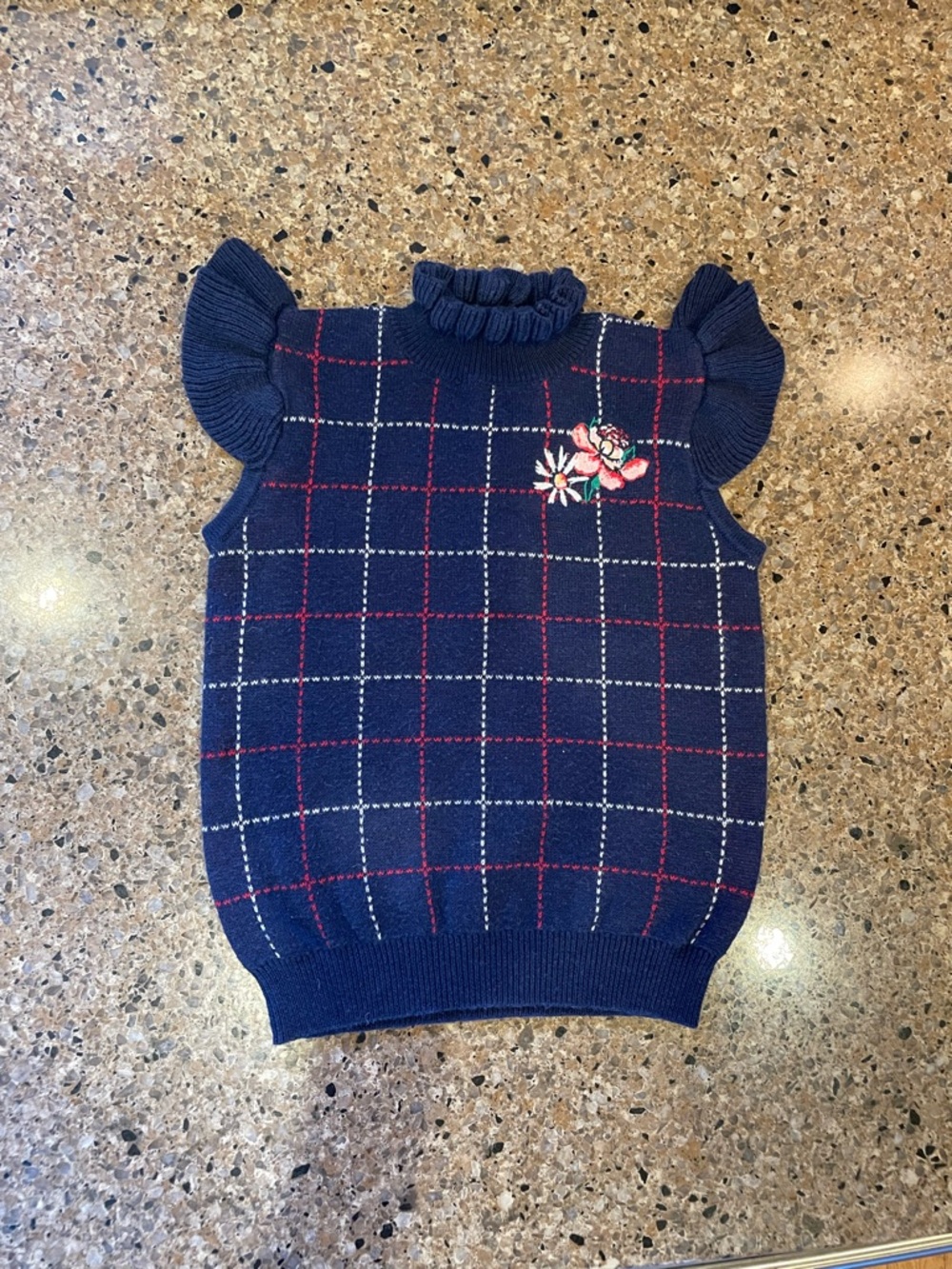 Janie and Jack Navy Plaid sweater Knit Top with Red Floral Accent